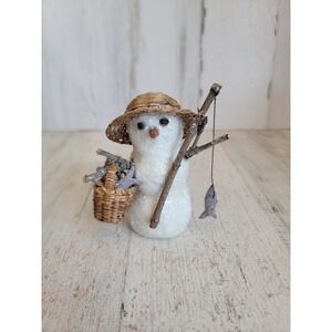 Vintage mini snowman fishing fisherman glitter Xmas home decor